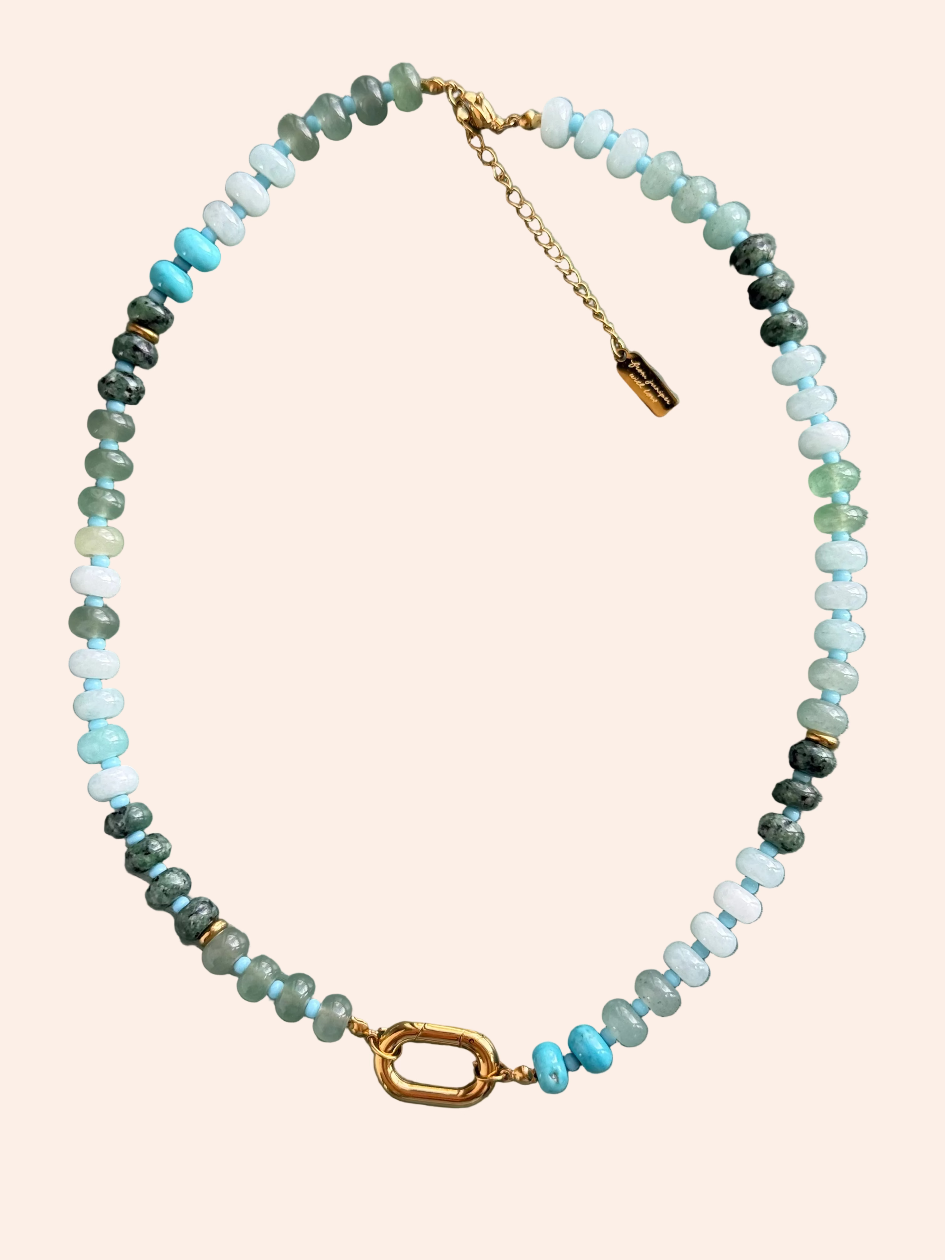 Keepsake Strand Necklace Laguna Tide by From Juniper With Love; aqua and sea-green gemstone beads with gold clasp.