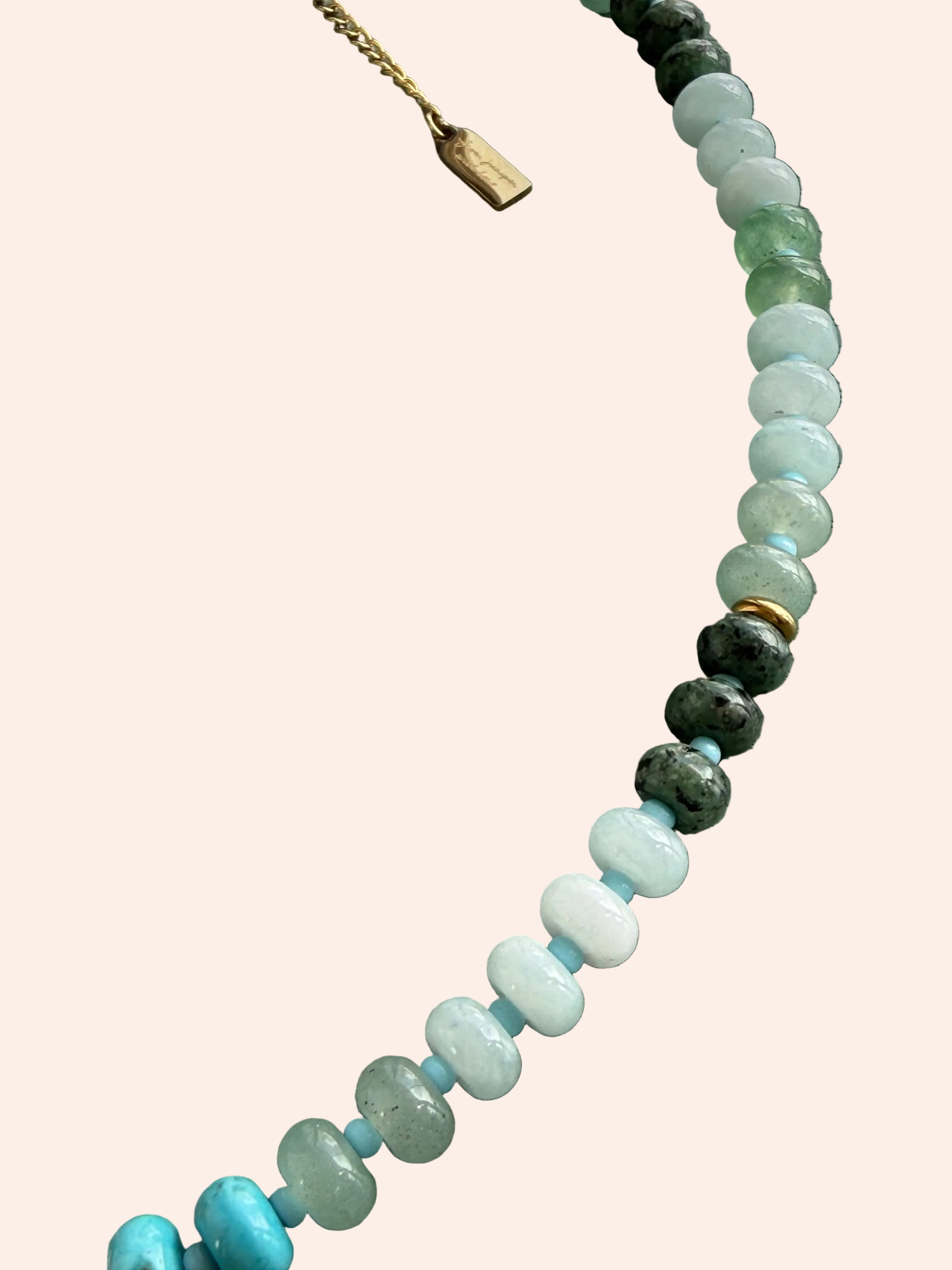 Keepsake Strand Necklace Laguna Tide with seafoam blue-green gemstone beads and a gold tag charm