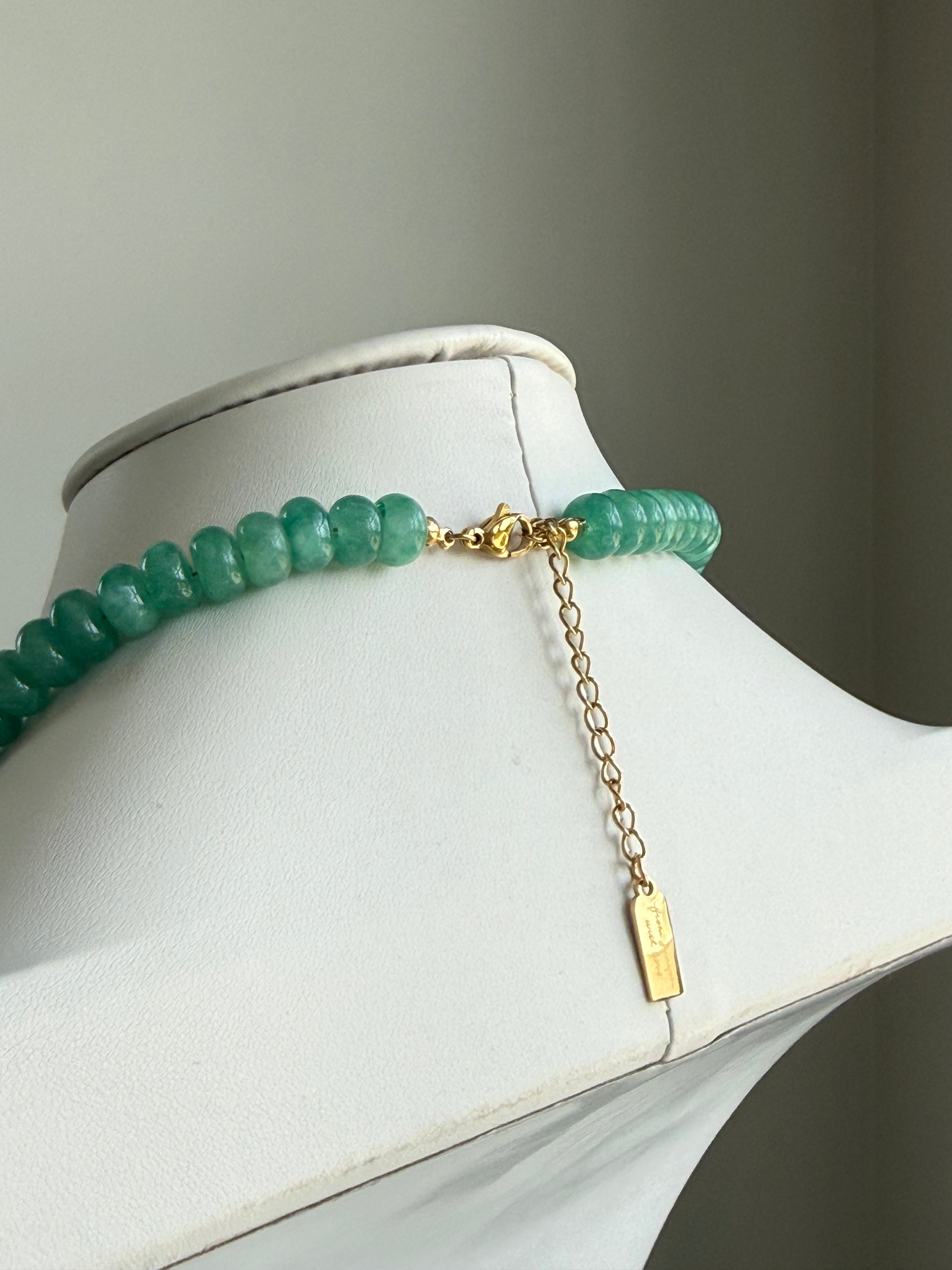 Keepsake Strand Necklace with evergreen beads and gold chain clasp