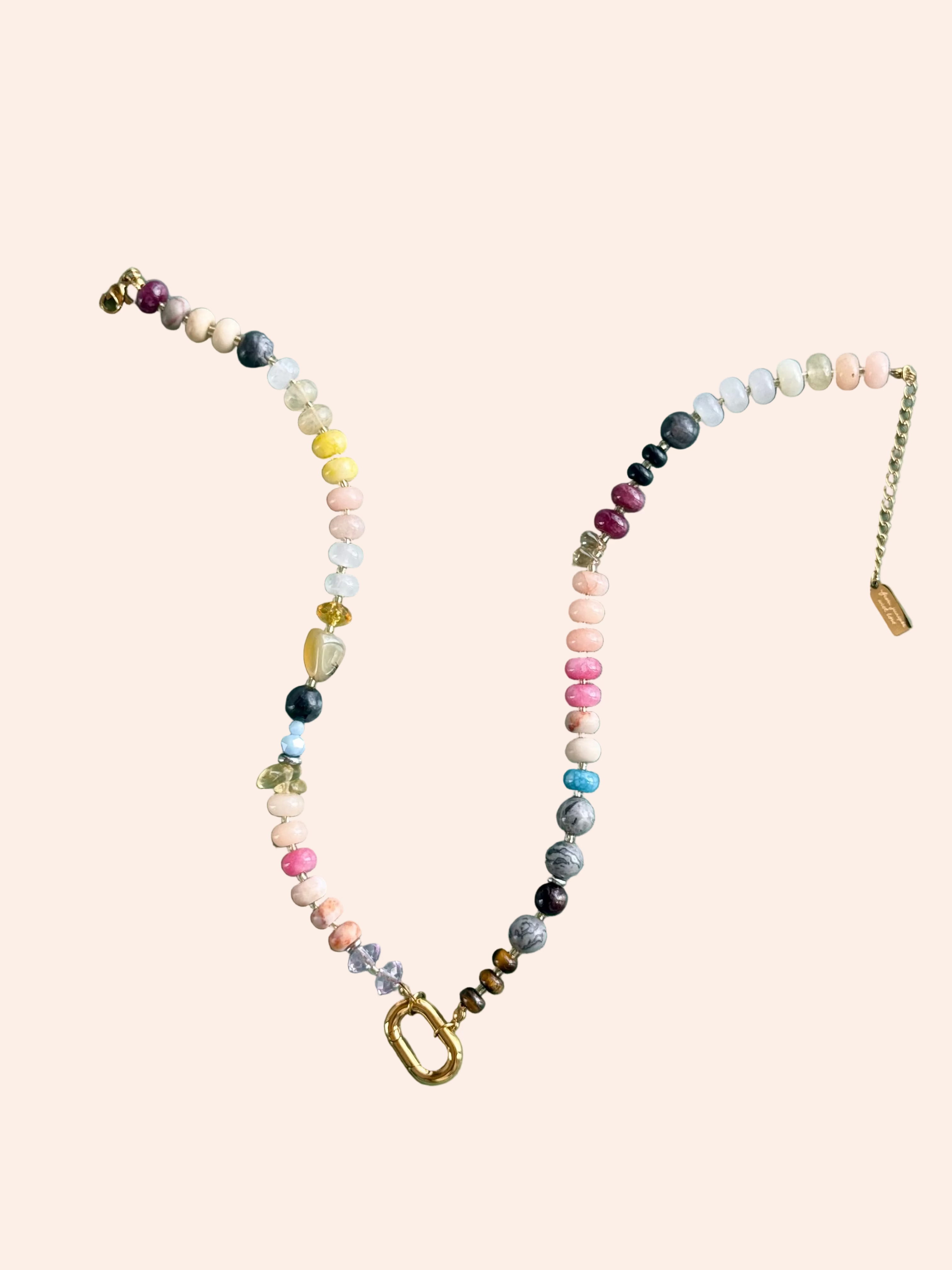 Keepsake Strand Necklace by From Juniper With Love; multicolor pastel gemstone beads on a gold chain with clasp