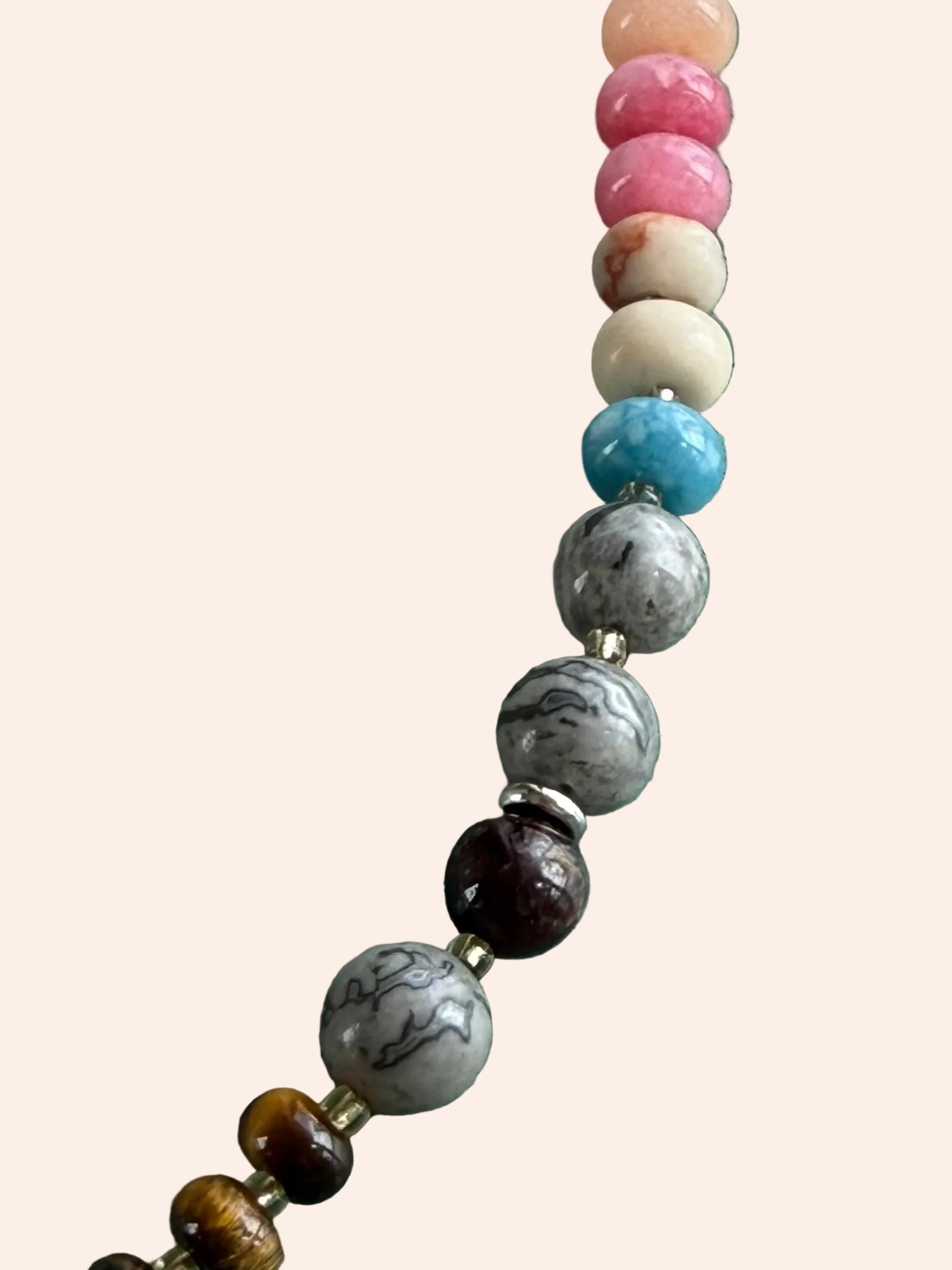 Keepsake Strand Necklace by From Juniper With Love; multicolor round beads in pink, blue, gray.