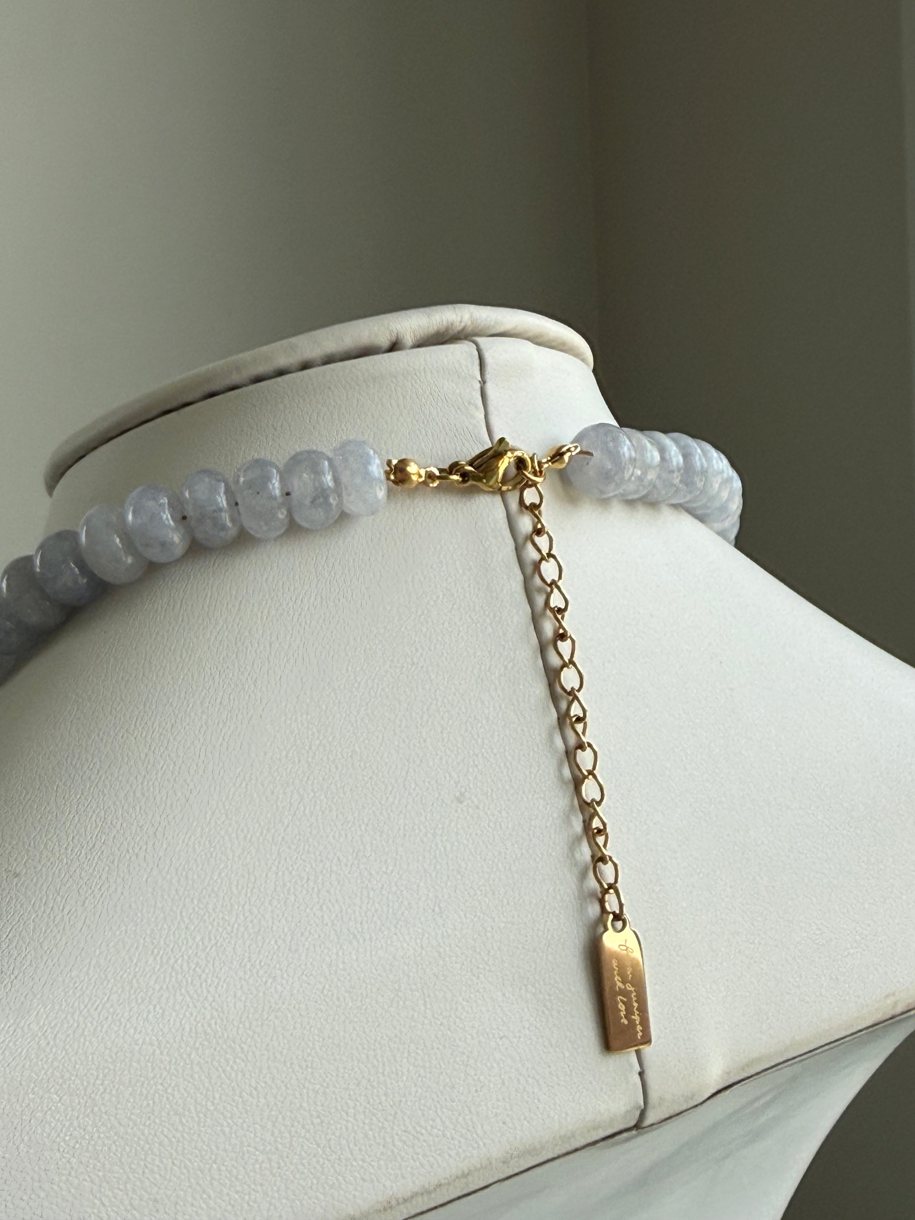 Keepsake Strand Necklace Daphne; blue glass beads with gold-tone extender chain