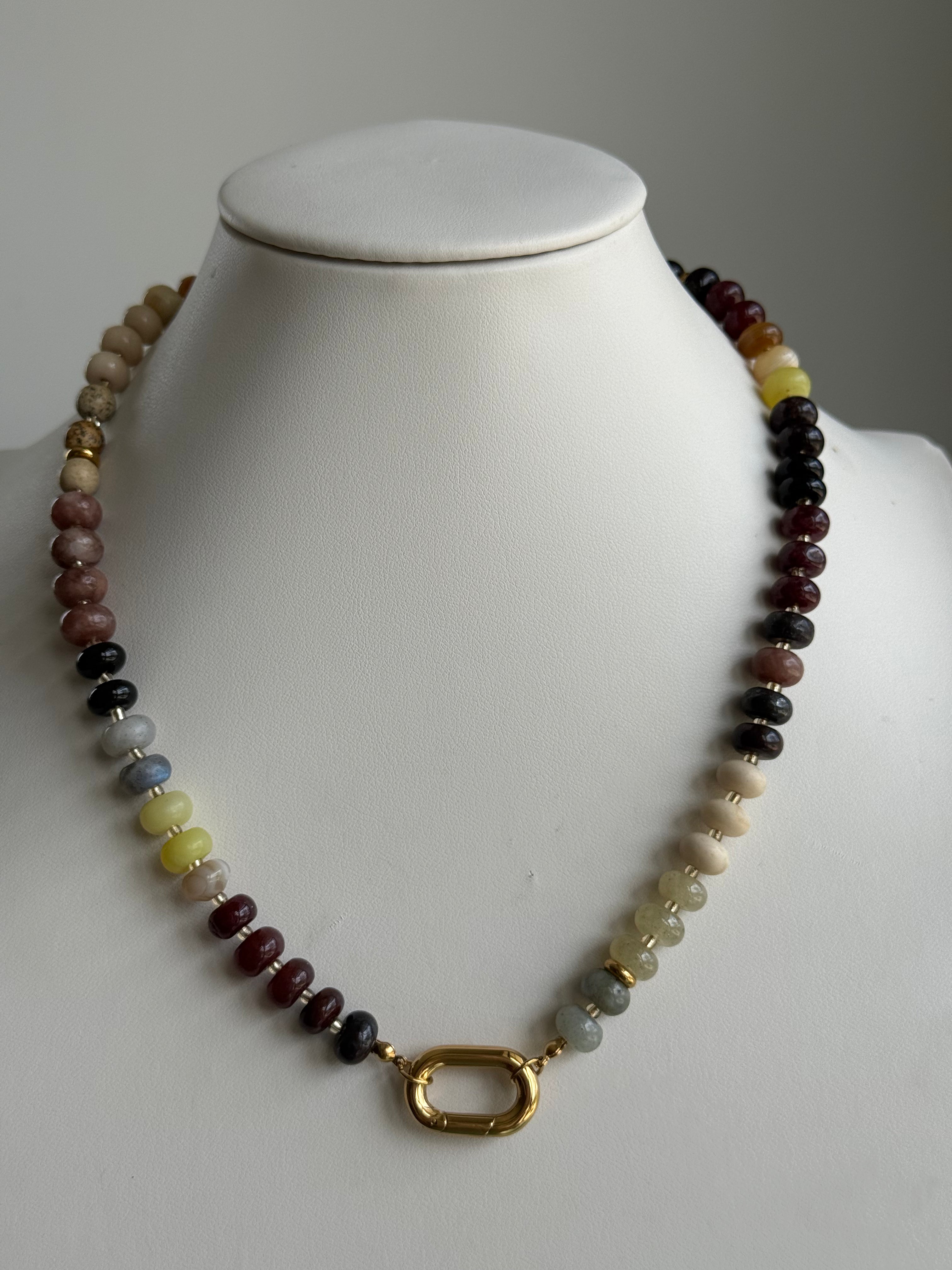 Keepsake Strand Necklace Harvest Moon; multicolor gemstone beads with gold spacers and gold clasp.