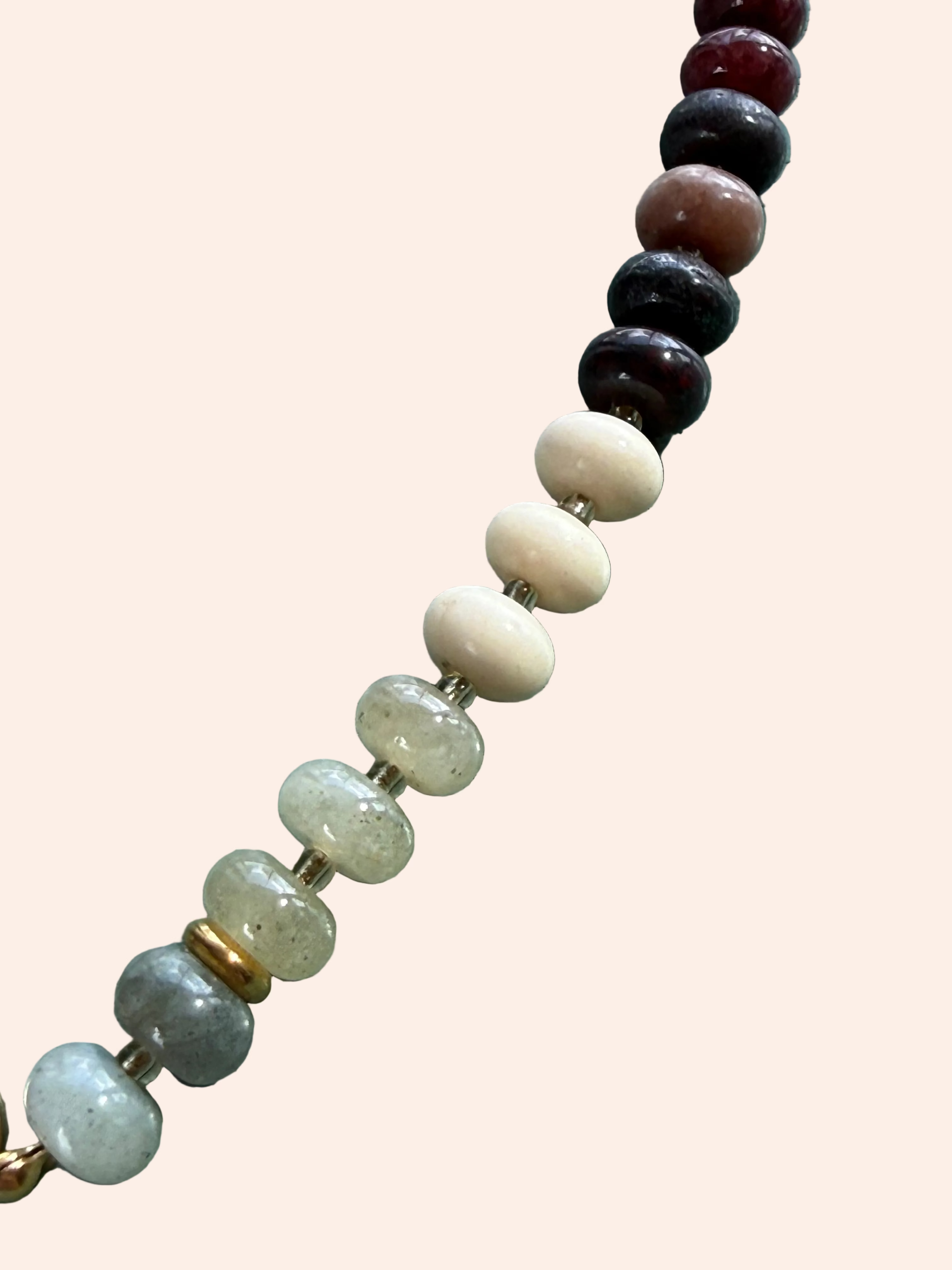 Keepsake Strand Necklace by From Juniper With Love; cream to pale green disc beads with gold spacers on a long strand.