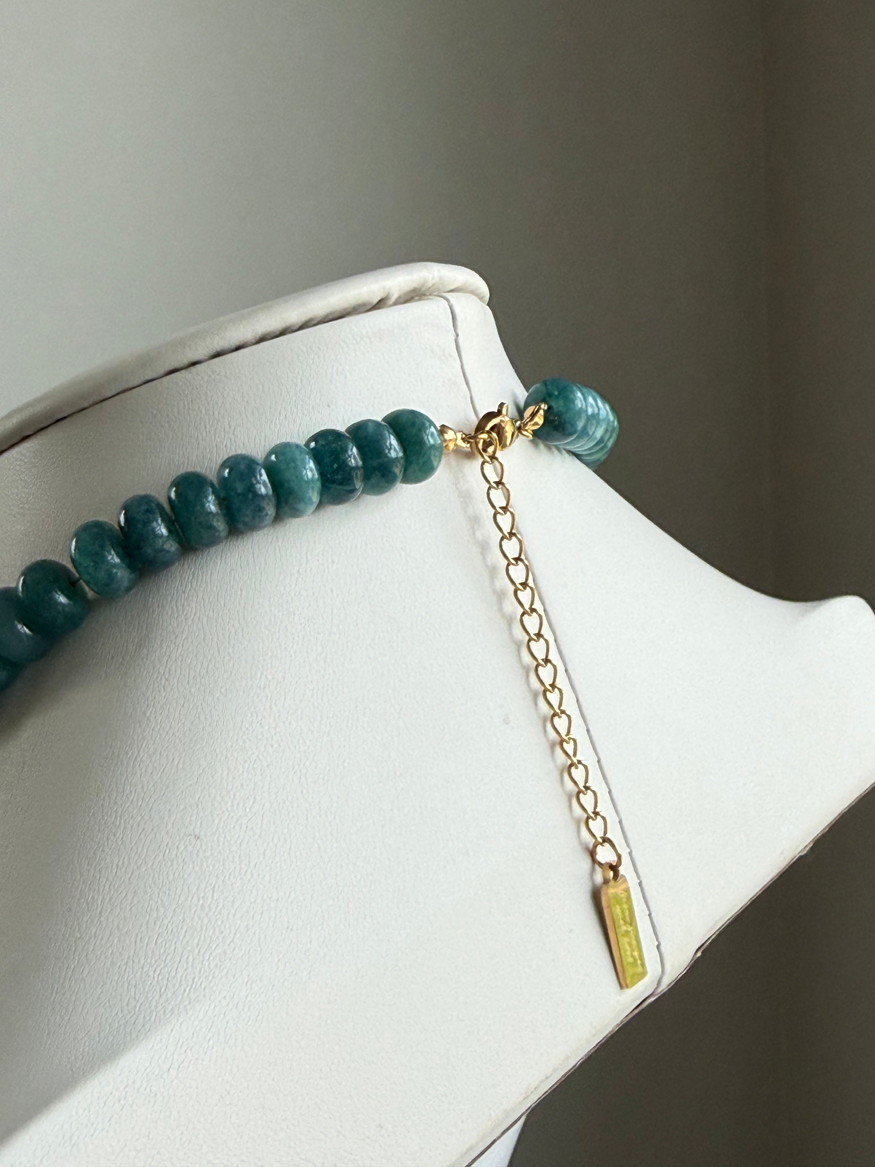 Keepsake Strand Necklace Ocean Air; teal blue glass beads with a gold-tone extender chain for coastal style