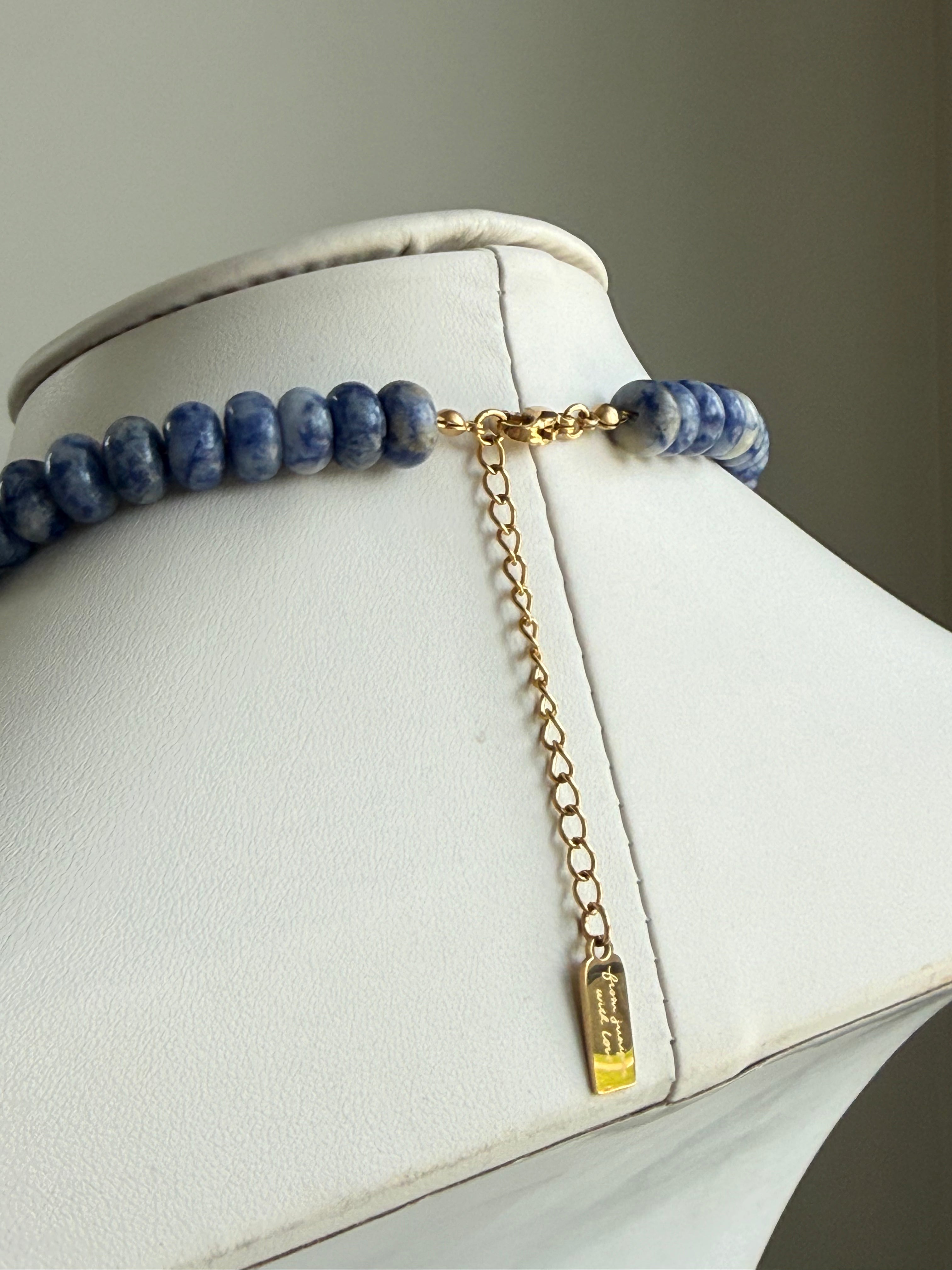 Keepsake Strand Necklace Lake Day by From Juniper With Love; blue stone beads on a gold-tone chain with extender