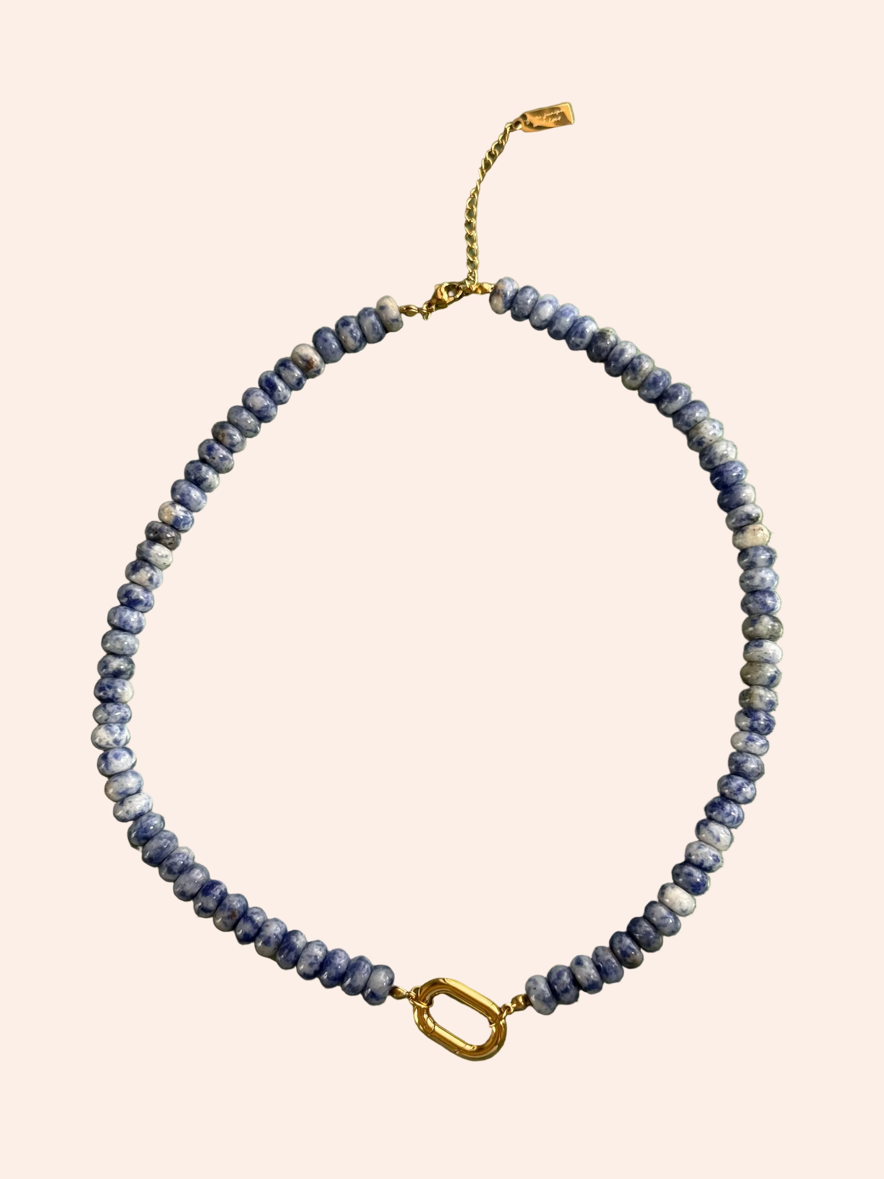 Keepsake Strand Necklace Lake Day by From Juniper With Love; blue-gray round beads on a gold clasp with extender chain
