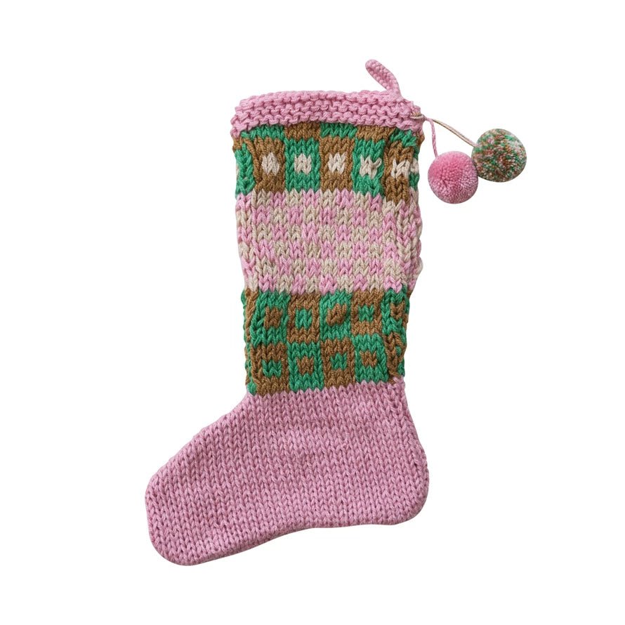 Acrylic Crocheted Stocking with Pattern & Pom Poms - From Juniper With Love