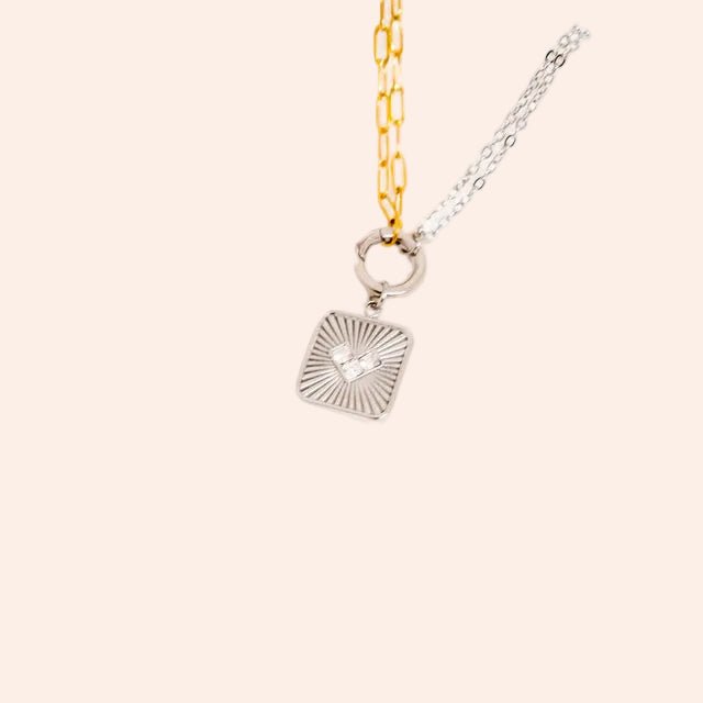 Necklace: Charm Holder with two-tone gold and silver chains and a square sunburst pendant
