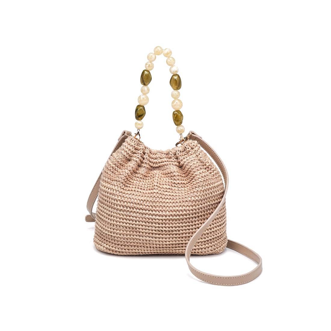 Emery Crossbody by Urban Expressions, natural woven straw bag with beaded handle and long strap