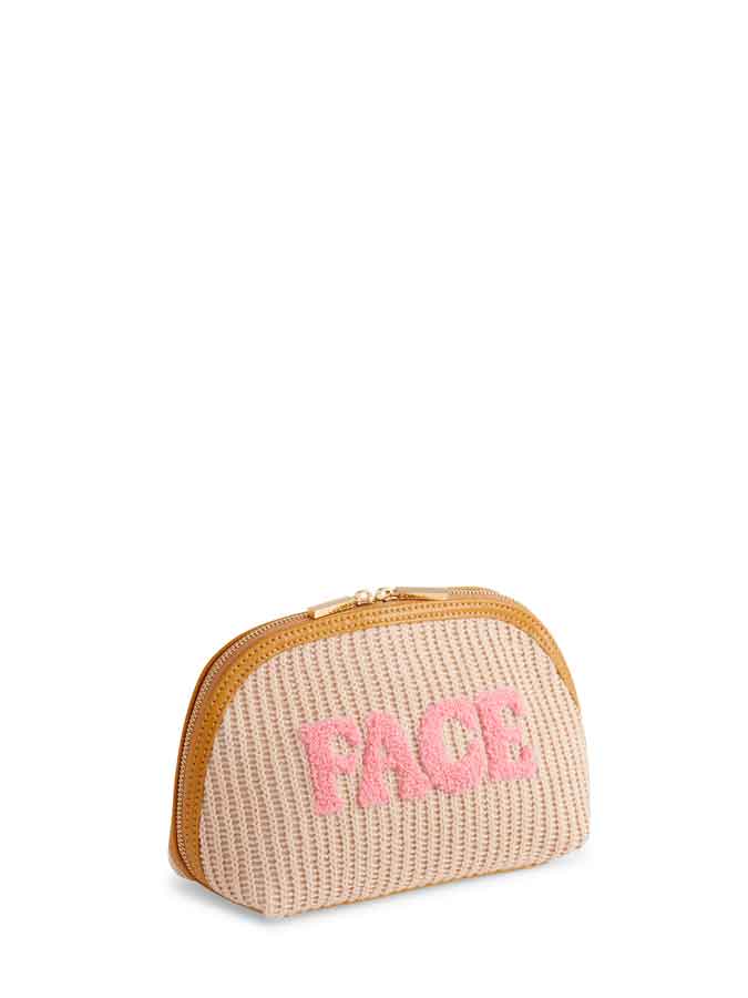 FACE Knit Zip Pouch by Shiraleah in toast beige with pink lettering