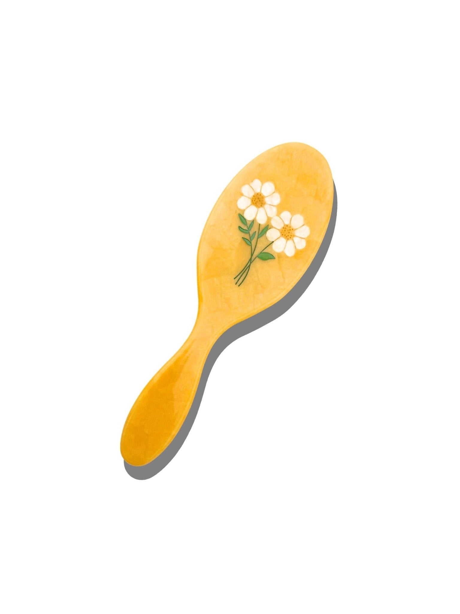 Hand-Painted vintage daisy-stem hair brush; yellow wooden handle with white daisies, Solar Eclipse eco-friendly
