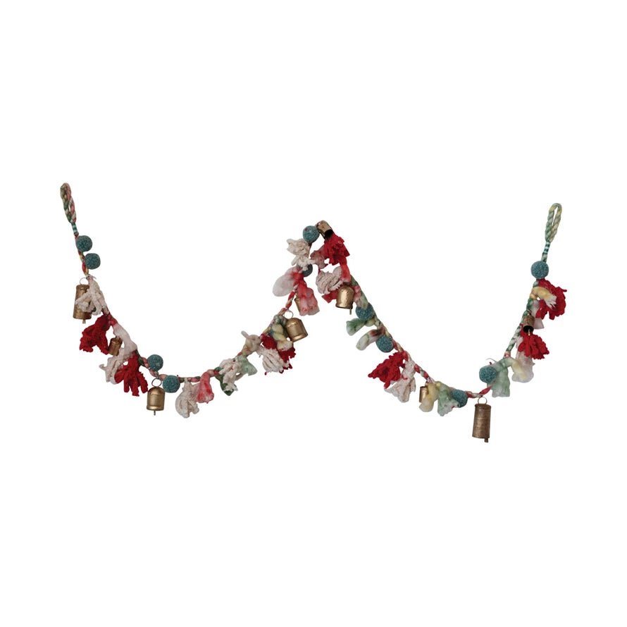 Handmade Wool & Cotton Blend Garland w/ Pom Poms & Metal Bells - From Juniper With Love