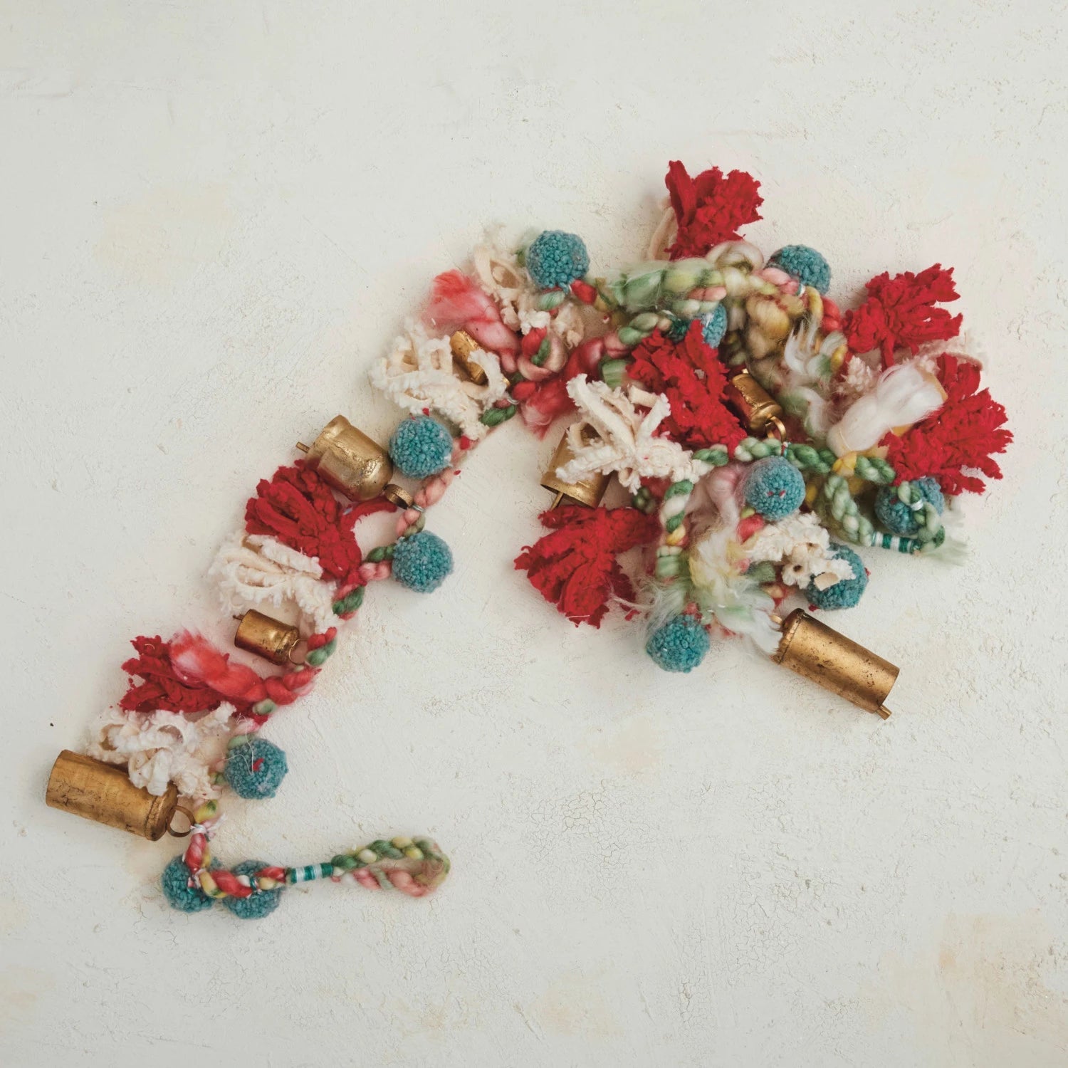 Handmade Wool & Cotton Blend Garland w/ Pom Poms & Metal Bells - From Juniper With Love