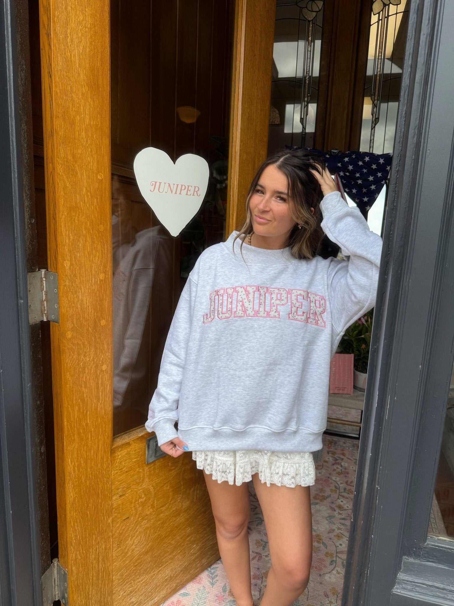 Juniper Collegiate Mock Neck sweatshirt, heather gray with pink JUNIPER lettering, From Juniper With Love