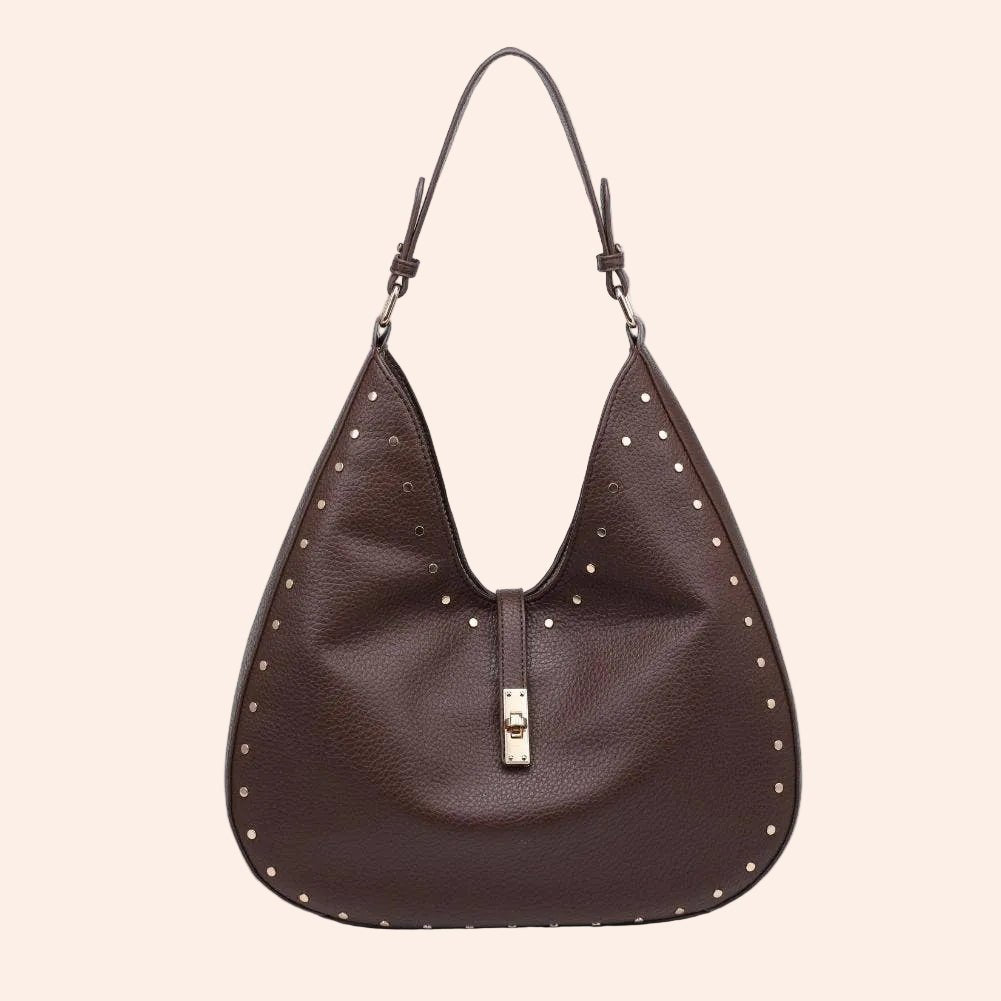 Olivia Hobo by Moda Luxe in chocolate brown pebbled leather with gold stud trim and front clasp.