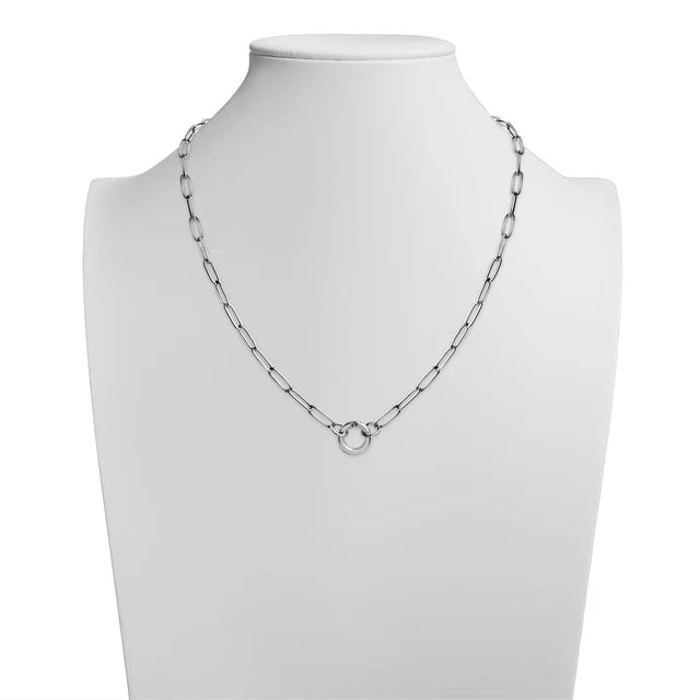 Paperclip Charm Holder Necklace by From Juniper With Love in silver featuring a center ring charm