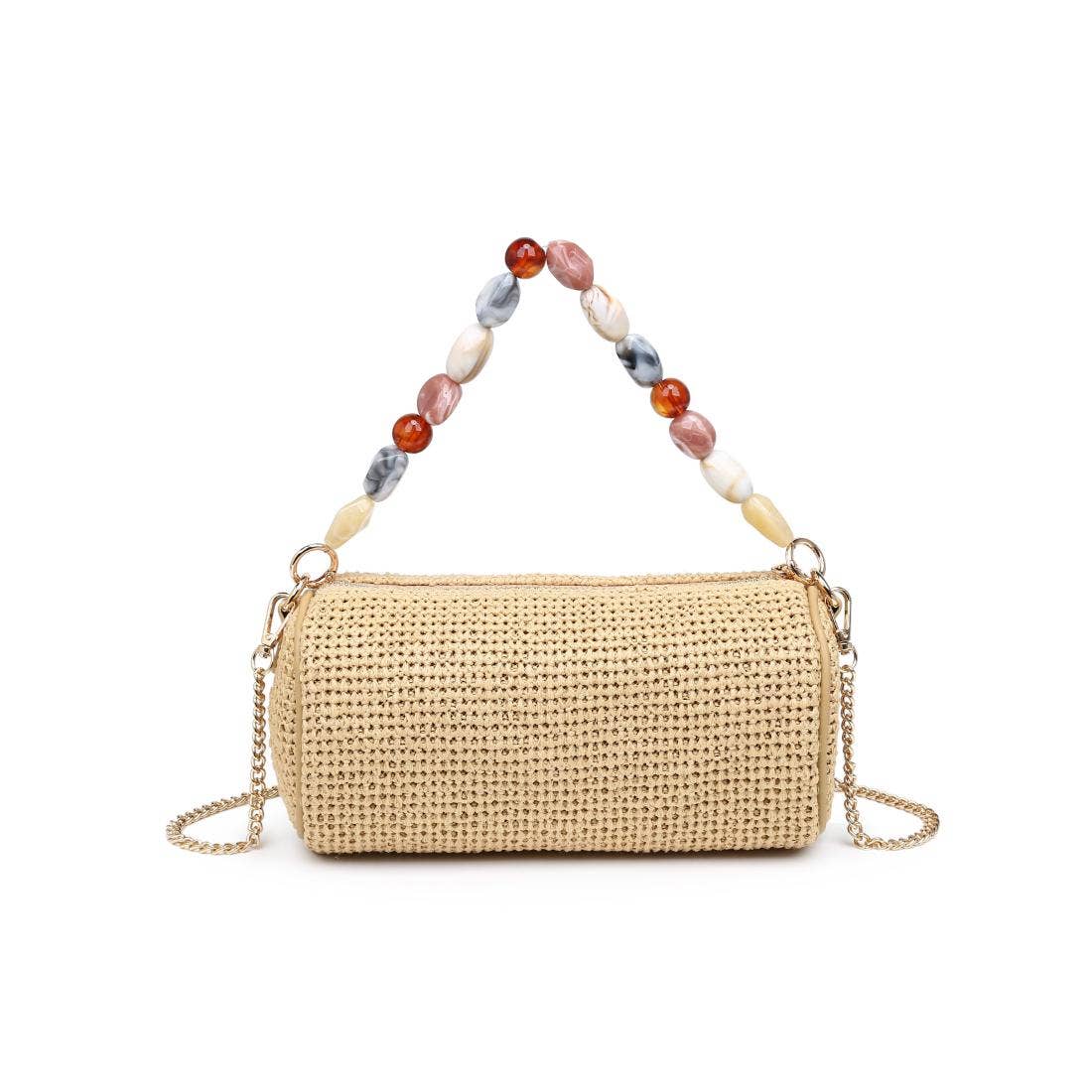 Rachel straw clutch by Urban Expressions with natural straw body, multicolor beaded handle, and gold chain