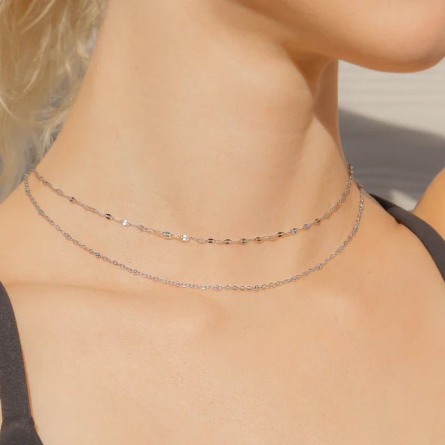 Satellite chain necklace, silver, double-layered chains
