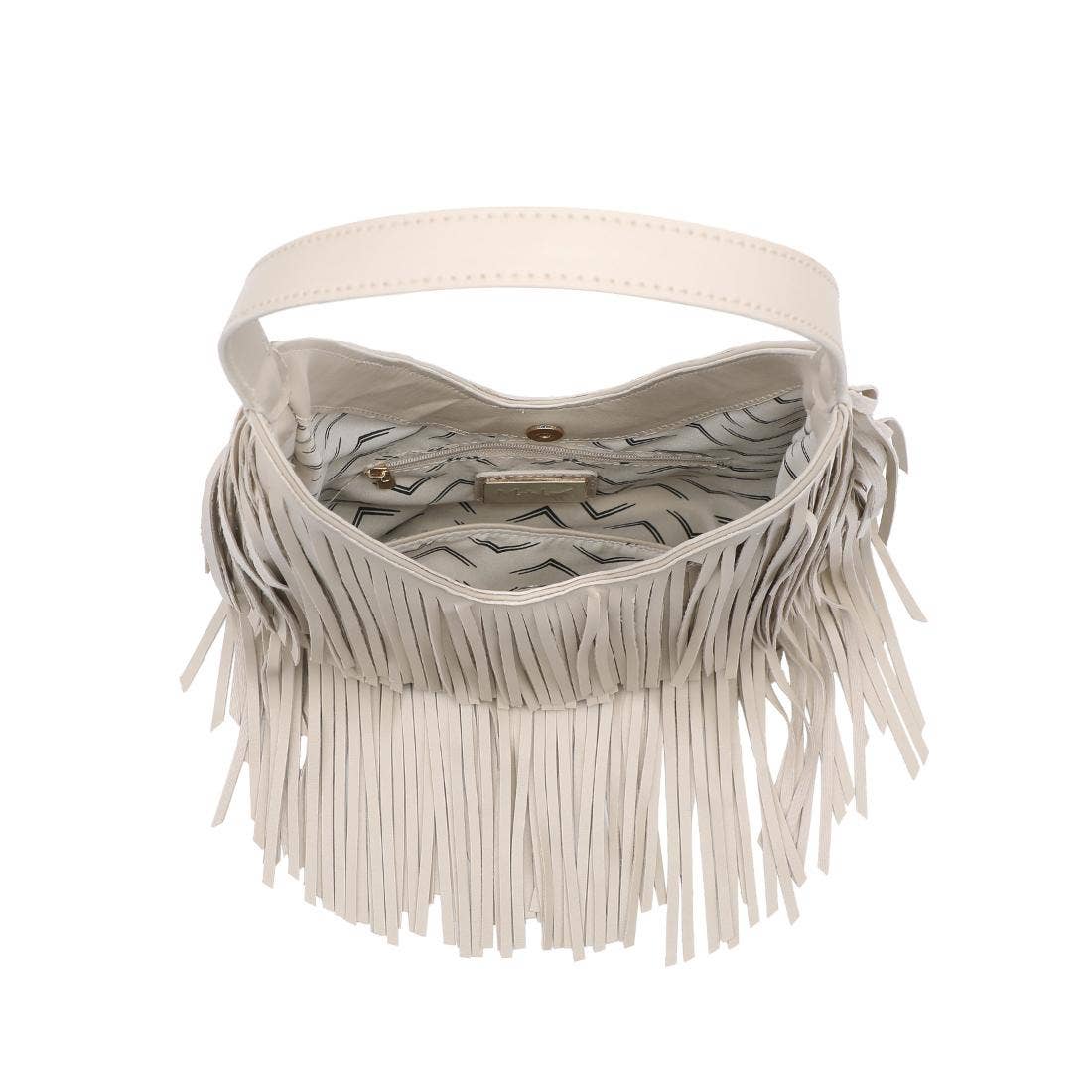 Stevie Hobo Bag by Moda Luxe in cream with long fringe trim