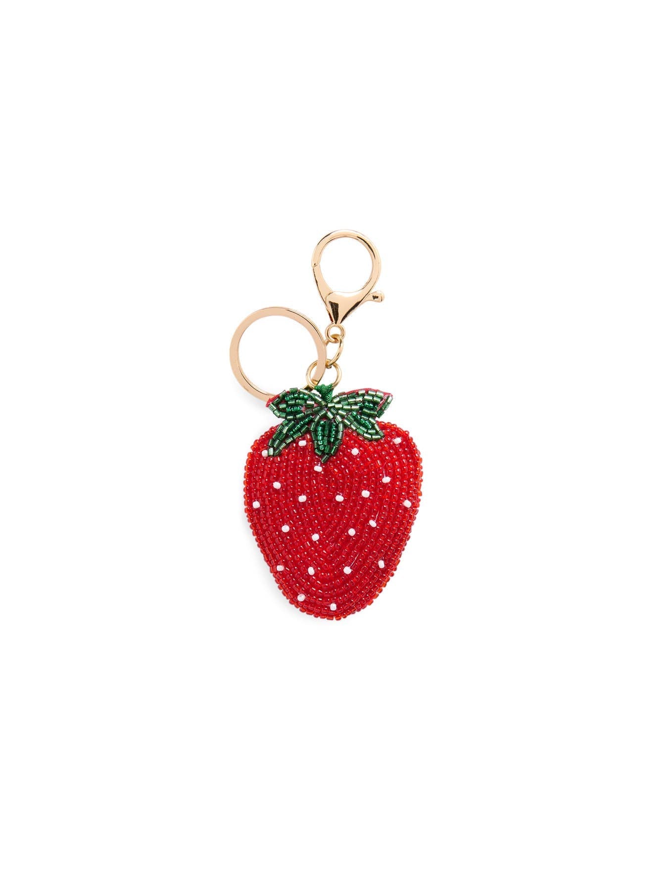 Strawberry beaded bag charm key ring by Shiraleah, red with green leaves and gold hardware