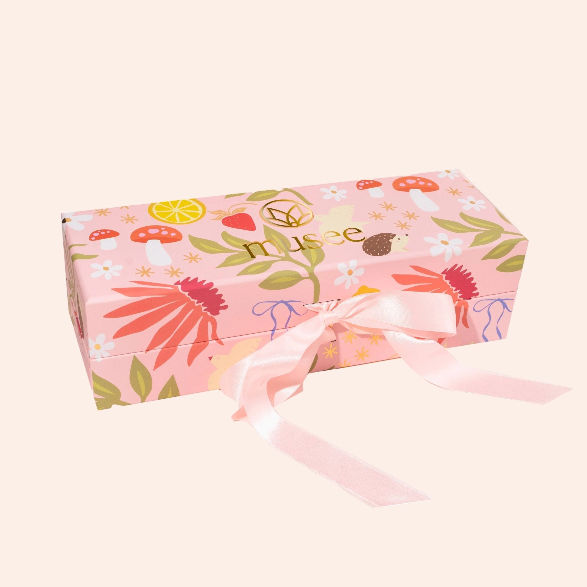 Whimsy Three Balm Set by Musee in a pink floral gift box with a satin ribbon.