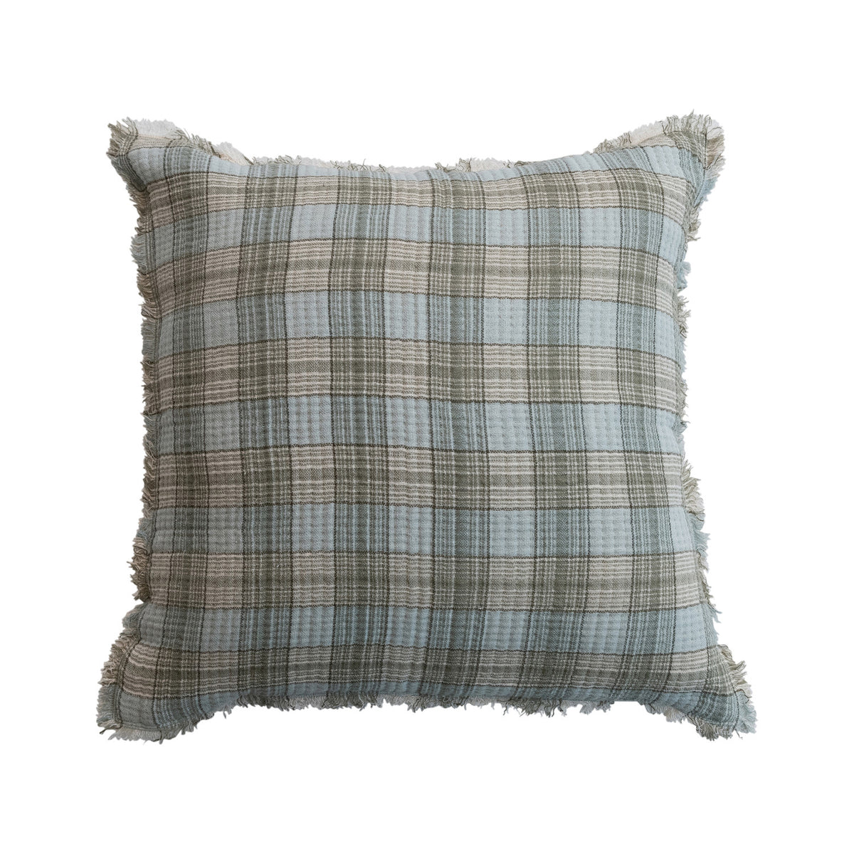 20" Square Pillow with Chambray Back & Frayed Edges Plaid