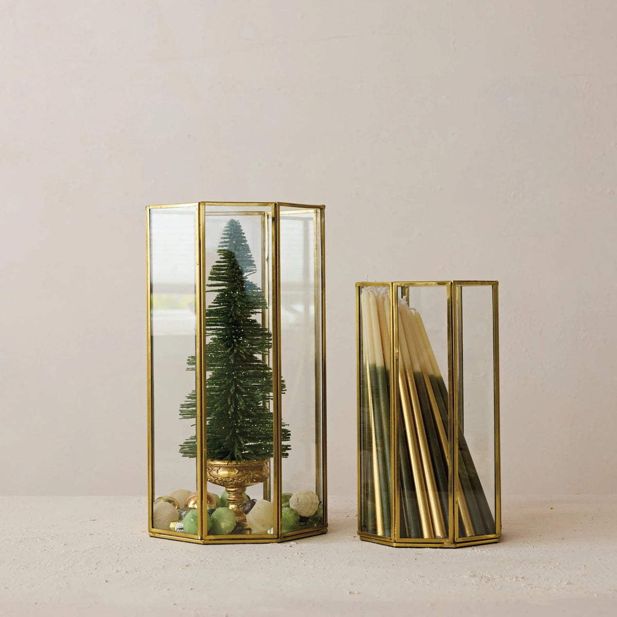 Glass & Brass Octagon Shaped Candle Holder/Container with Mirrored Bottom, Antique Finish