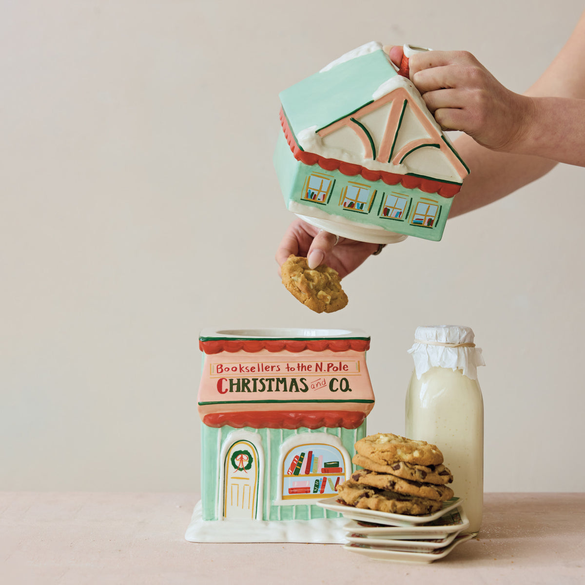 Hand-Painted Ceramic Bookstore Shaped Cookie Jar with Snowman "Christmas and Co." ©