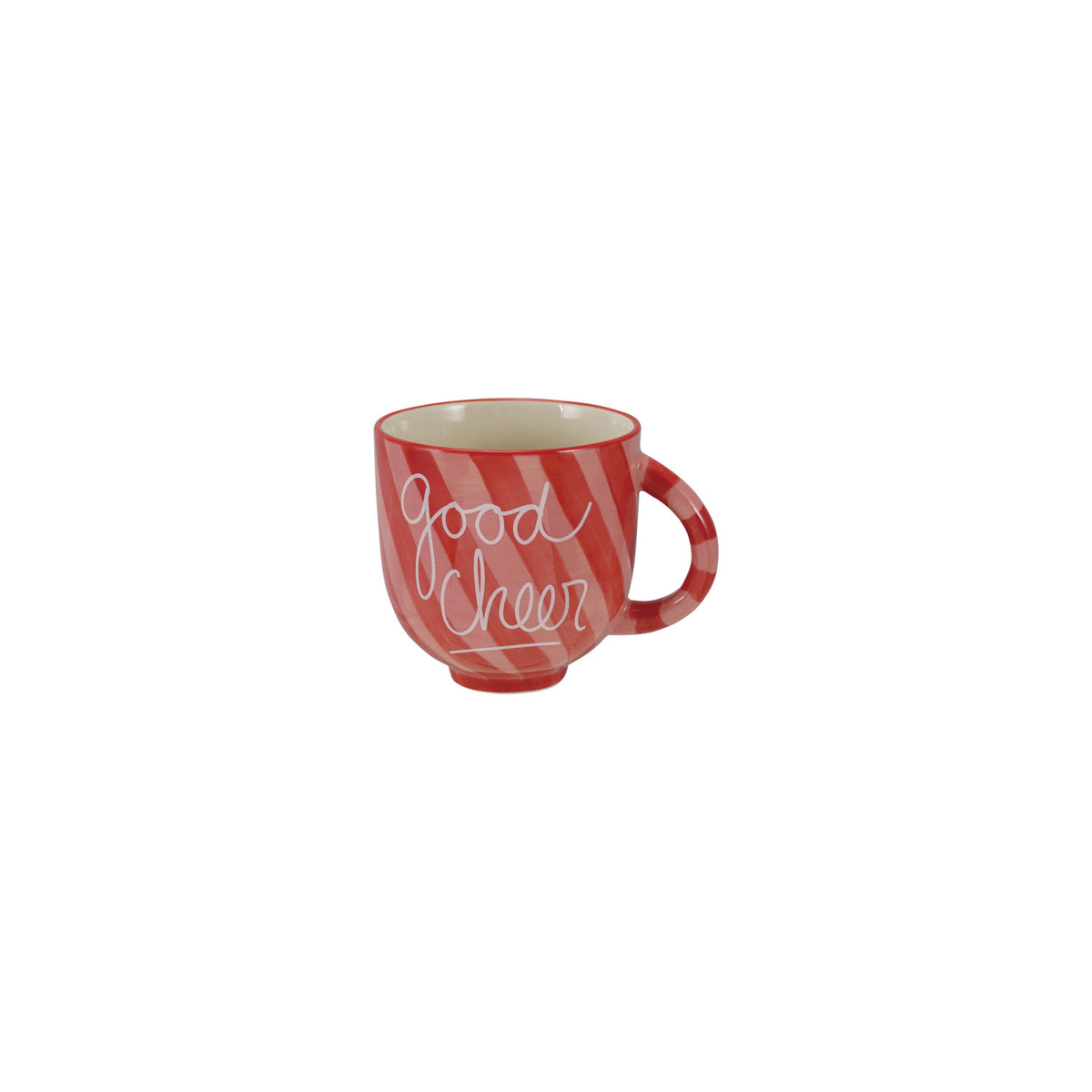 14 oz. Hand-Painted Stoneware Striped Mug "Good Cheer", Red & White ©